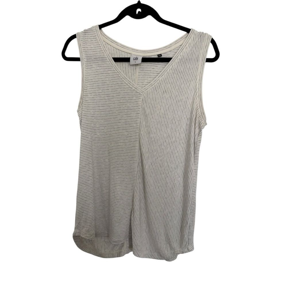 Cabi Tank Top Womens Medium Gray White Striped Shirt  Mini V Neck Stretch S